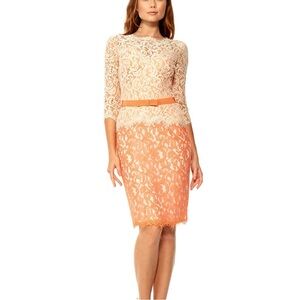 Tadashi Shoji Lace Dress with Ribbon Belt Latte/Melon Size 6, EUC